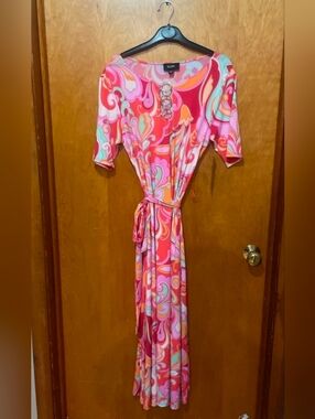 MSK Pink Red Multi-Color Swirl Maxi Dress
